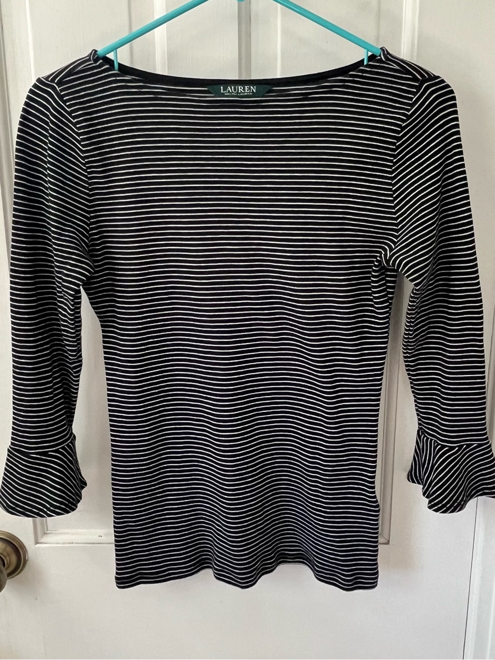 Lauren Ralph Lauren Black and White Striped Boatneck Top with Flared Cuffs.